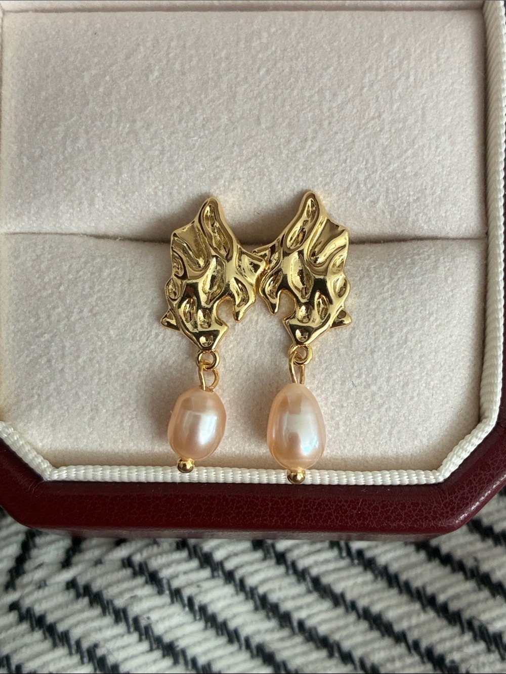 Gold Flame Drop Earrings with Peach Pearl Accent